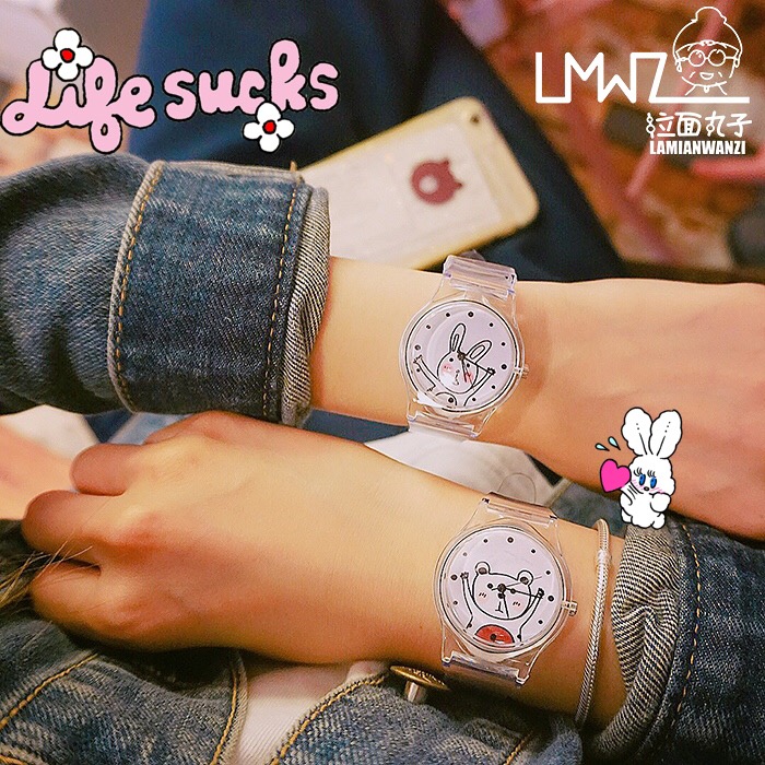韓國可愛卡通小熊小兔小貓動物透明表帶手表學生軟妹小清新腕表女
