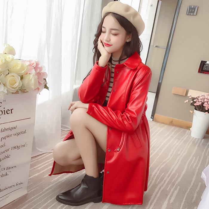 秋裝新款韓版時尚PU皮衣外套女裝風衣系帶收腰顯瘦中長款大衣外套