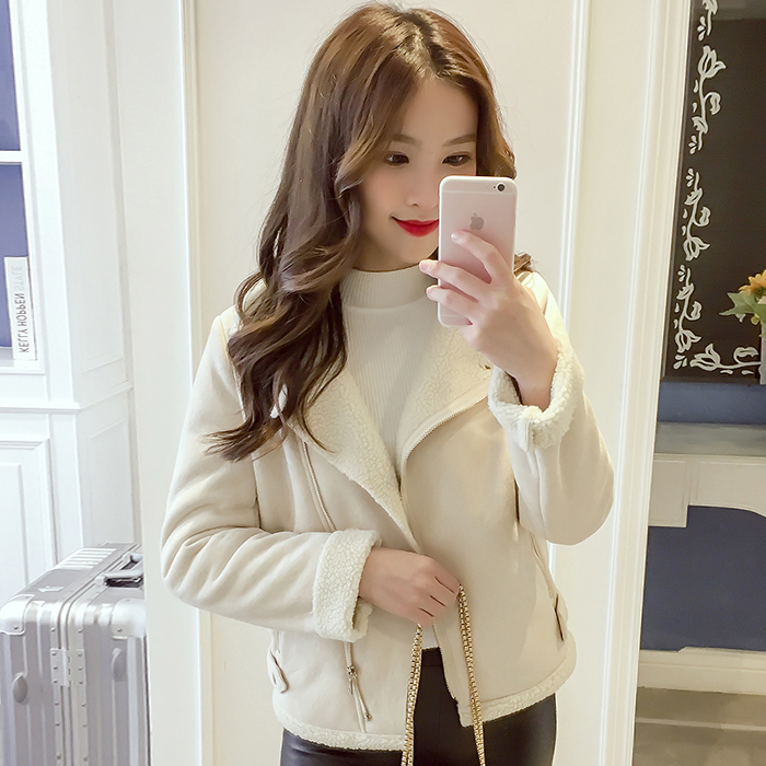 2017秋裝新款韓版時尚翻領長袖夾克上衣女裝百搭顯瘦羊羔毛短外套
