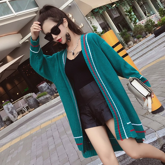 2017秋裝新款韓版時尚寬松長袖開衫百搭拼色中長款針織衫外套女裝