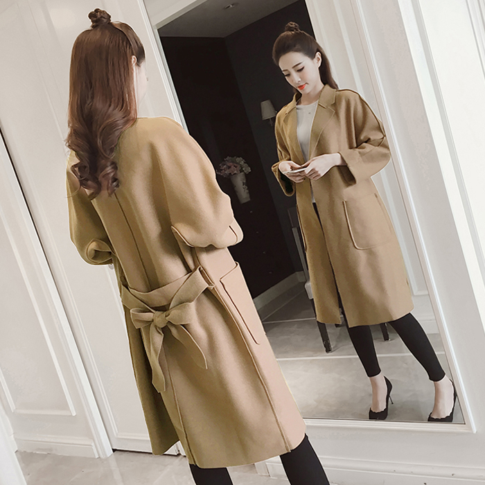 秋裝新款2017韓版氣質西裝領長袖大衣寬松系帶中長款毛呢外套女裝