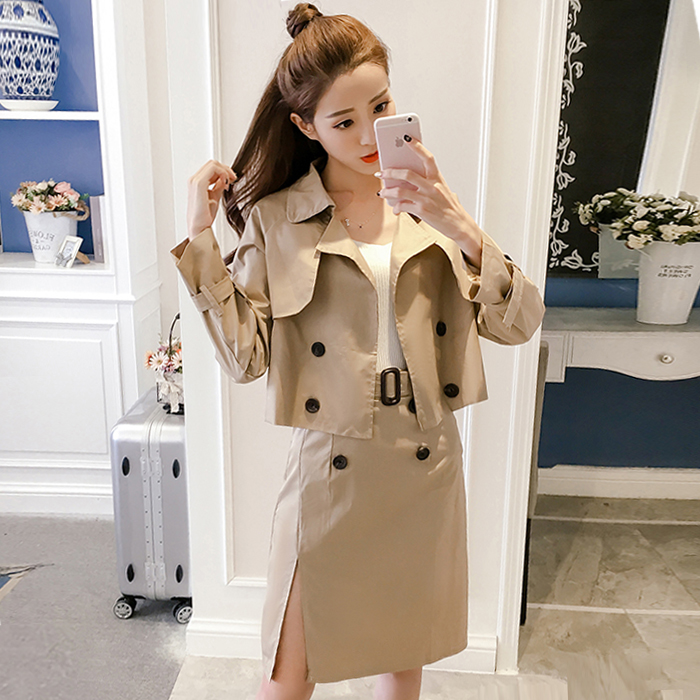 2017秋裝新款韓版時尚開叉半身裙套裝女裝氣質長袖風衣外套兩件套